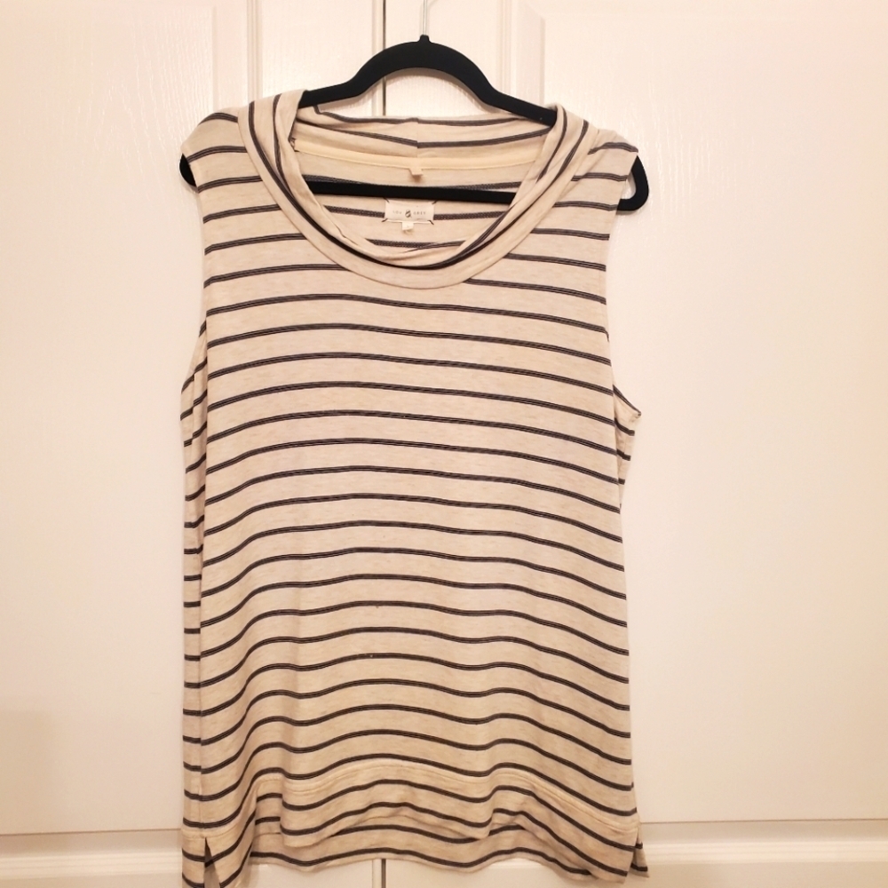 LOU & GREY Sz Large Womens Signature Soft Cream Black Stripe Cowl Neck Shirt